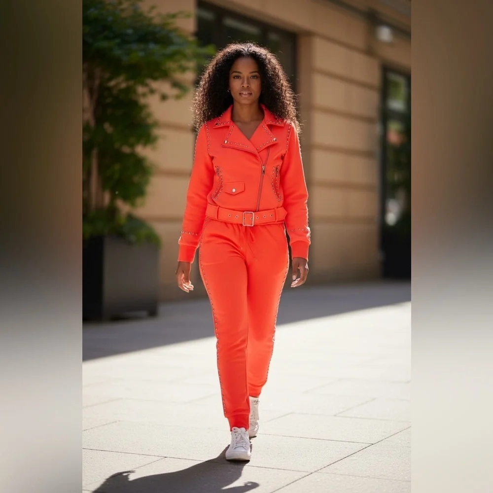 Women's Orange Studded Moto Jogger Set